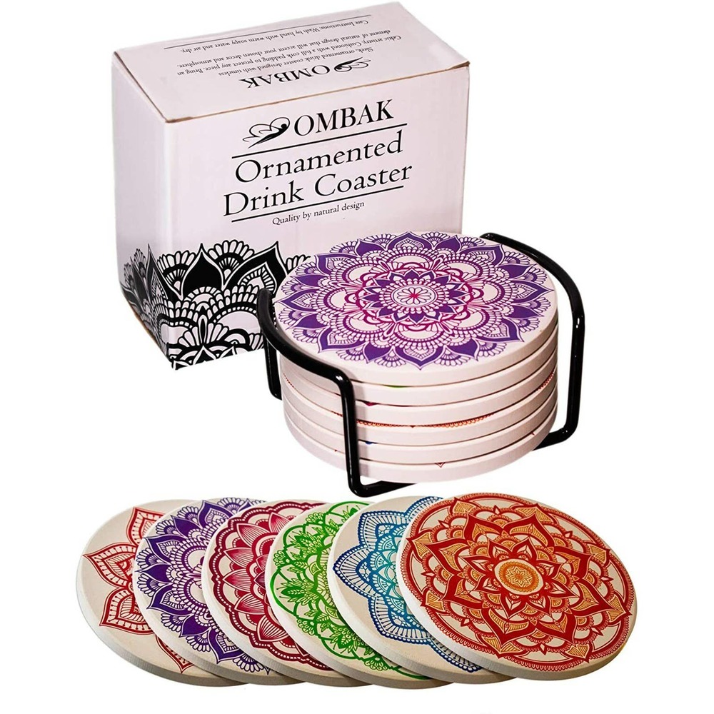 Coaster for Drinks, Absorbent, Ornamented w/6 Unique Timeless Rainbow Mandalas